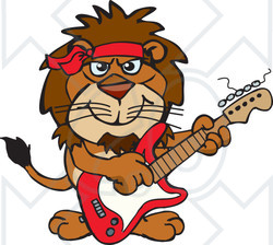 Clipart of a Cartoon Happy Male Lion Playing an Electric Guitar - Royalty Free Vector Illustration