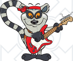 Clipart of a Cartoon Happy Lemur Playing an Electric Guitar - Royalty Free Vector Illustration