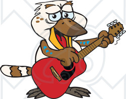 Clipart of a Cartoon Happy Kookaburra Playing an Acoustic Guitar - Royalty Free Vector Illustration