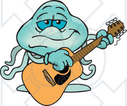 Clipart of a Cartoon Happy Jellyfish Playing an Acoustic Guitar - Royalty Free Vector Illustration