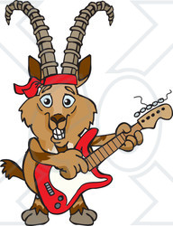Clipart of a Cartoon Happy Ibex Goat Playing an Electric Guitar - Royalty Free Vector Illustration