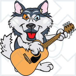 Clipart of a Cartoon Happy Husky Dog Playing an Acoustic Guitar - Royalty Free Vector Illustration