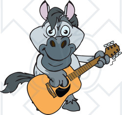 Clipart of a Cartoon Happy Gray Horse Playing an Acoustic Guitar - Royalty Free Vector Illustration