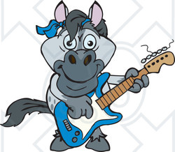 Clipart of a Cartoon Happy Gray Horse Playing an Electric Guitar - Royalty Free Vector Illustration