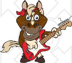 Clipart of a Cartoon Happy Brown Horse Playing an Electric Guitar - Royalty Free Vector Illustration
