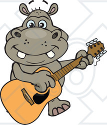Clipart of a Cartoon Happy Hippo Playing an Acoustic Guitar - Royalty Free Vector Illustration