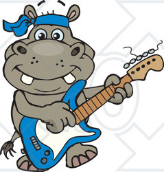 Clipart of a Cartoon Happy Hippo Playing an Electric Guitar - Royalty Free Vector Illustration