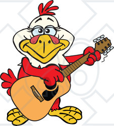 Clipart of a Cartoon Happy Hen Playing an Acoustic Guitar - Royalty Free Vector Illustration