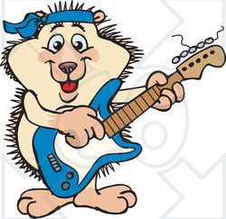 Clipart of a Cartoon Happy Hedgehog Playing an Electric Guitar - Royalty Free Vector Illustration