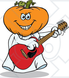 Clipart of a Cartoon Jackolantern Ghost Playing an Acoustic Guitar - Royalty Free Vector Illustration
