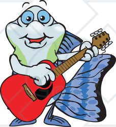 Clipart of a Cartoon Happy Guppy Fish Playing an Acoustic Guitar - Royalty Free Vector Illustration