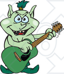 Clipart of a Cartoon Goblin Playing an Acoustic Guitar - Royalty Free Vector Illustration