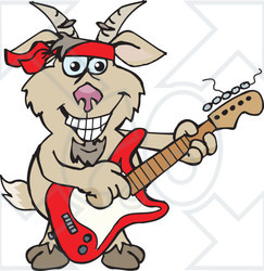 Clipart of a Cartoon Happy Goat Playing an Electric Guitar - Royalty Free Vector Illustration