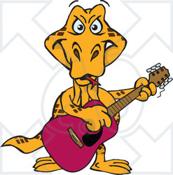 Clipart of a Cartoon Happy Goanna Lizard Playing an Acoustic Guitar - Royalty Free Vector Illustration