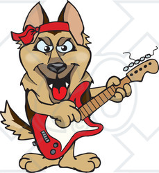 Clipart of a Cartoon Happy German Shepherd Dog Playing an Electric Guitar - Royalty Free Vector Illustration