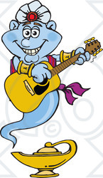 Clipart of a Cartoon Happy Jinn Genie Playing an Acoustic Guitar - Royalty Free Vector Illustration