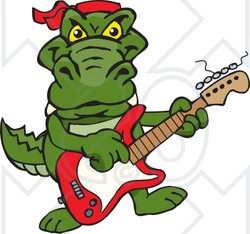 Clipart of a Cartoon Happy Alligator Playing an Electric Guitar - Royalty Free Vector Illustration