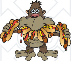 Clipart of a Hungry Ape Shoving Weenies in His Mouth at a Hot Dog Eating Contest - Royalty Free Vector Illustration
