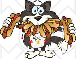 Clipart of a Hungry Border Collie Dog Shoving Weenies in His Mouth at a Hot Dog Eating Contest - Royalty Free Vector Illustration