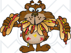 Clipart of a Hungry Bear Shoving Weenies in His Mouth at a Hot Dog Eating Contest - Royalty Free Vector Illustration