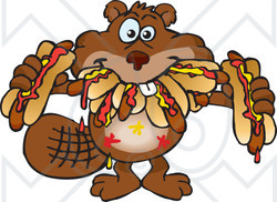 Clipart of a Hungry Beaver Shoving Weenies in His Mouth at a Hot Dog Eating Contest - Royalty Free Vector Illustration