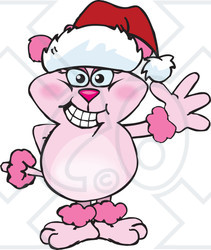 Clipart of a Cartoon Pink Poodle Dog Wearing a Christmas Santa Hat and Waving - Royalty Free Vector Illustration