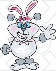 Clipart of a Cartoon Gray Poodle Dog Wearing Easter Bunny Ears and Waving - Royalty Free Vector Illustration
