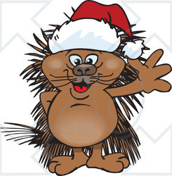 Clipart of a Cartoon Happy Porcupine Wearing a Christmas Sant Hat and Waving - Royalty Free Vector Illustration