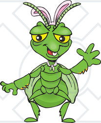 Clipart of a Cartoon Happy Praying Mantis Wearing Easter Bunny Ears and Waving - Royalty Free Vector Illustration