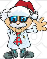 Clipart of a Cartoon Happy Albert Einstein Scientist Wearing a Christmas Sant Hat and Waving - Royalty Free Vector Illustration