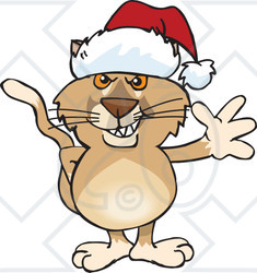 Clipart of a Cartoon Happy Puma Wearing a Christmas Sant Hat and Waving - Royalty Free Vector Illustration