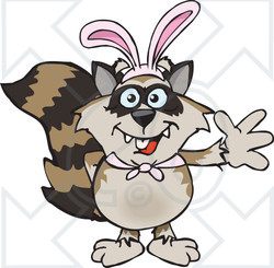 Clipart of a Cartoon Happy Raccoon Wearing Easter Bunny Ears and Waving - Royalty Free Vector Illustration