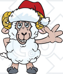 Clipart of a Cartoon Happy Ram Wearing a Christmas Santa Hat and Waving - Royalty Free Vector Illustration