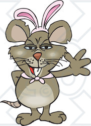 Clipart of a Cartoon Happy Brown Rat Wearing Easter Bunny Ears and Waving - Royalty Free Vector Illustration