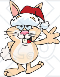 Clipart of a Cartoon Happy Beige Rabbit Wearing a Christmas Santa Hat and Waving - Royalty Free Vector Illustration