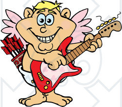 Clipart of a Happy Valentines Day Cupid Playing an Electric Guitar - Royalty Free Vector Illustration