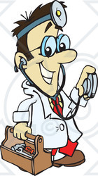 Royalty-Free (RF) Clipart Illustration of a Male Asian Doctor Carrying A Tool Box, Wearing A Headlamp And Holding A Stethoscope