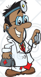 Royalty-Free (RF) Clipart Illustration of a Male Indian, Hispanic, Or Black Doctor Carrying A First Aid Kit, Wearing A Headlamp And Holding A Stethoscope