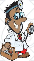 Royalty-Free (RF) Clipart Illustration of a Male Indian, Hispanic, Or Black Doctor Carrying A Tool Box, Wearing A Headlamp And Holding A Stethoscope