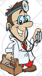 Royalty-Free (RF) Clipart Illustration of a Male Caucasian Doctor Carrying A Tool Box, Wearing A Headlamp And Holding A Stethoscope