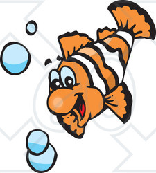 Clipart Illustration of a Hyper White And Orange Swimming Anemone Fish With Bubbles
