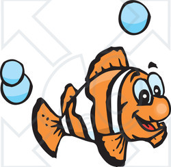 Clipart Illustration of an Excited Orange And White Anemone Fish Swimming With Blue Bubbles