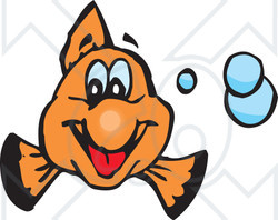 Clipart Illustration of a Friendly Orange Clownfish Smiling And Facing Front, With Blue Bubbles