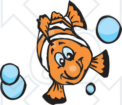Clipart Illustration of a Happy White And Orange Anemonefish Swimming With Blue Bubbles