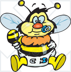 Clipart Illustration of a Baby Bumble Bee Character In A Diaper, Sucking On A Pacifier And Holding A Rattle