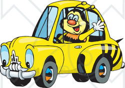 Clipart Illustration of a Bumble Bee Character Waving While Driving By In A Matching Car