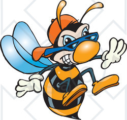 Clipart Illustration of a Black And Orange Hornet Wearing Shades And A Hat, Thrusting His Stinger Forward
