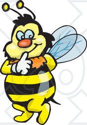 Clipart Illustration of a Bumble Bee Character Touching His Lips To Shush Someone While Tip Toeing