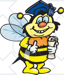Clipart Illustration of a Smart Bumble Bee Character Wearing A Graduation Cap And Holding A Diploma