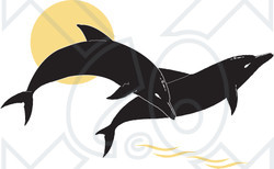 Clipart Illustration of Two Black Silhouetted Dolphins Jumping Over The Water At Sunset